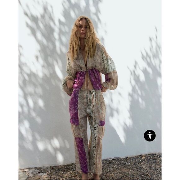 Zara Multi Color Patchwork Sheer Boho Trousers sz M NWT - Picture 1 of 10
